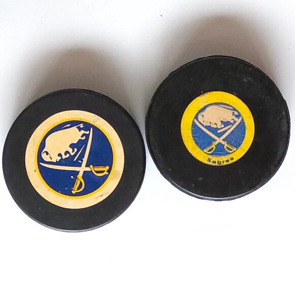 VINTAGE Buffalo Sabres NHL Hockey Pucks Lot 2 COOPER VICEROY APPROVED OFFICIAL - Picture 1 of 2